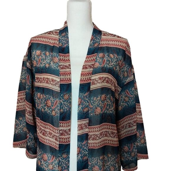 Wallflower Blue Floral Sheer Open Front Kimono Arm Holes Size Large - Picture 4 of 12